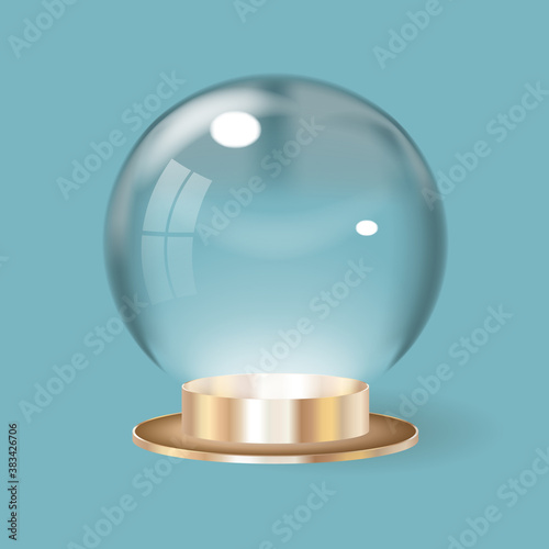 Realistic 3D Christmas glass ball. Isolated on light blue background. Christmas glass snow globe. Snowball on gold stand. Christmas snow globe. Vector illustration.