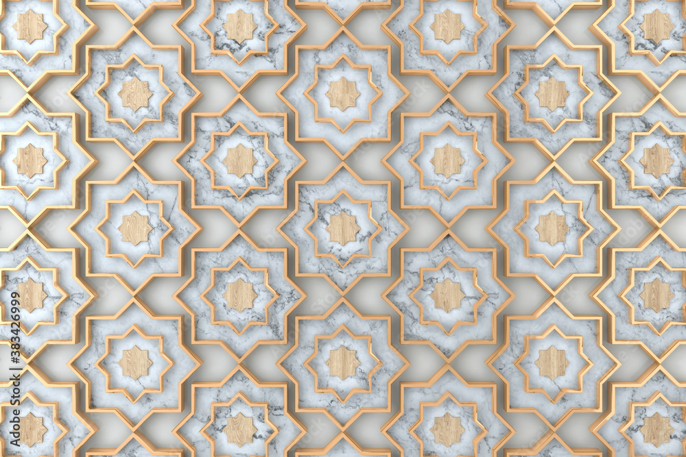 3D Rendering. Wall white panels with gold decor. Shaded geometric modules. High quality seamless.