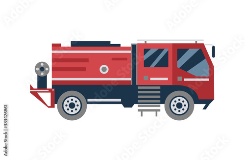 Cartoon fire engine truck from side view, isolated red firetruck