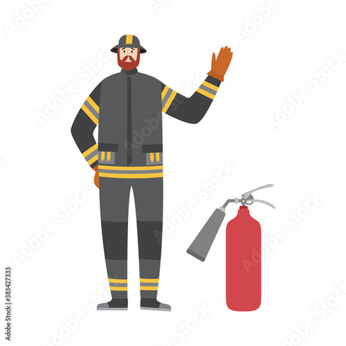 Firefighter with extinguisher, flat cartoon vector illustration isolated