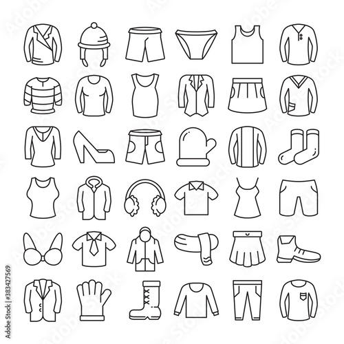 clothes, accessories and fashion wardrobe collection line icons vector set © bigpa