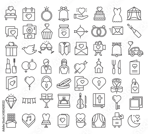 wedding planner and wedding ceremony line icons set
