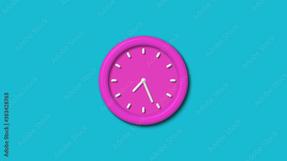 New pink color 3d wall clock isolated on cyan background,12 hours wall clock