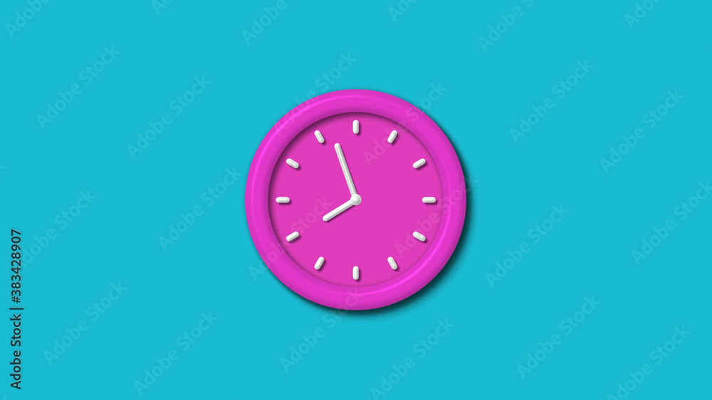 New pink color 3d wall clock isolated on cyan background,12 hours wall clock