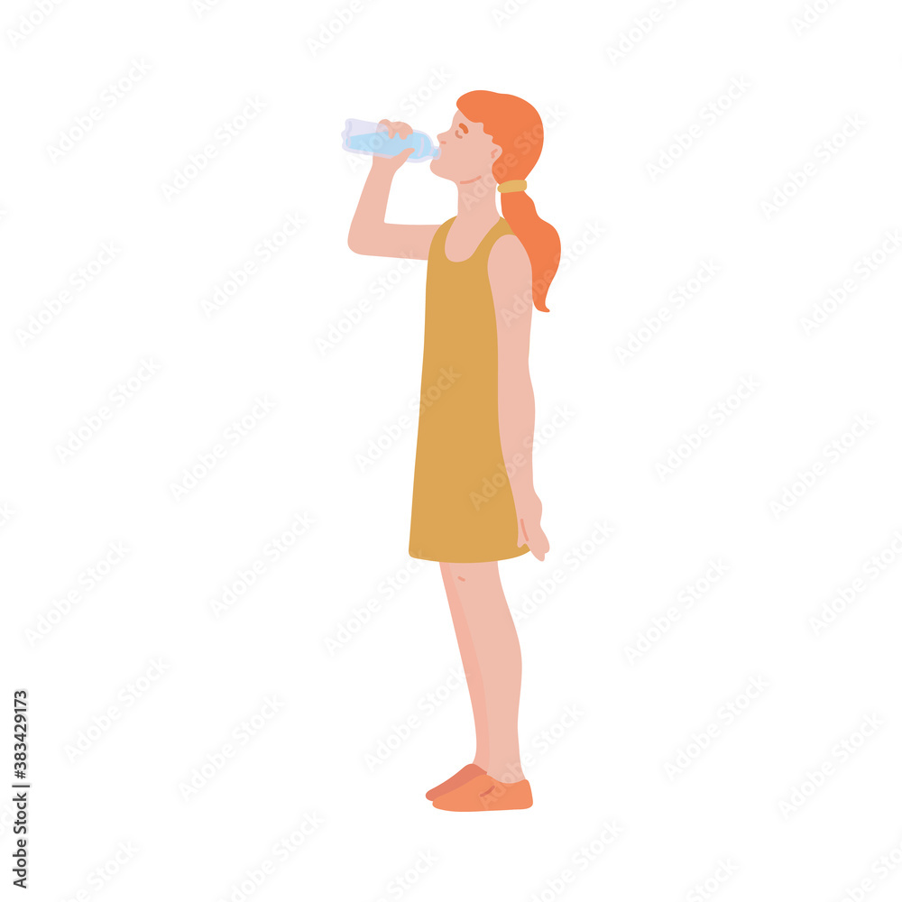 Young thirsty woman or girl drinking water, flat vector illustration isolated. Young thirsty woman or girl drinking water, flat vector illustration isolated.