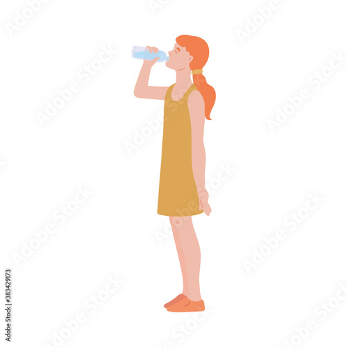 Young thirsty woman or girl drinking water, flat vector illustration isolated.