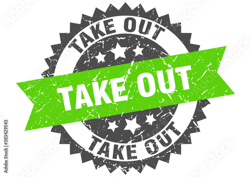 take out stamp. grunge round sign with ribbon