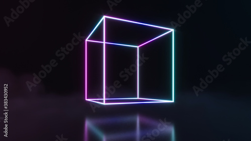 Futuristic Sci FI abstract neon light shapes on black background with empty space for text. 3d rendering