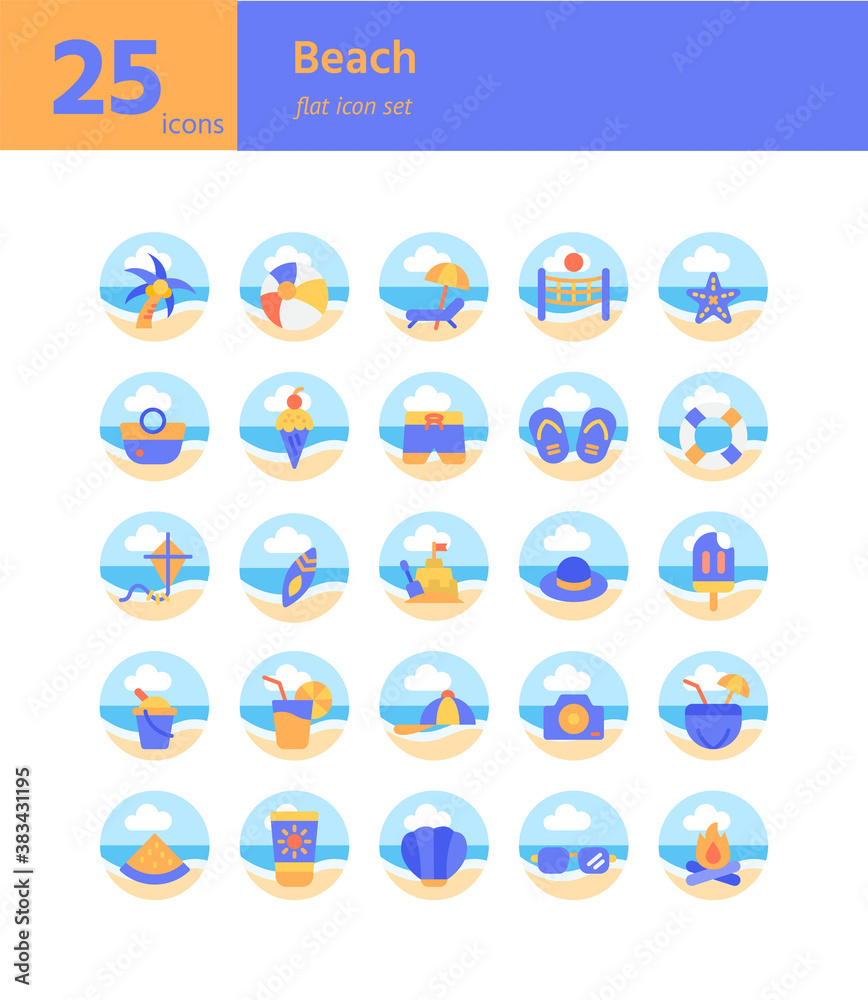 Beach flat icon set. Vector and Illustration.
