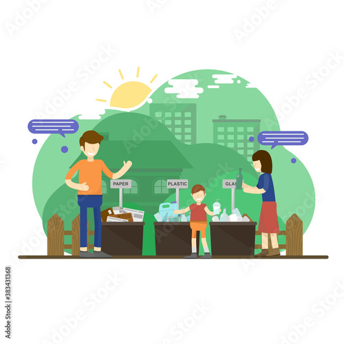 The vector of parents are teaching their kid to separate waste. For good recycling system. Creative flat design for web banner and business presentation.