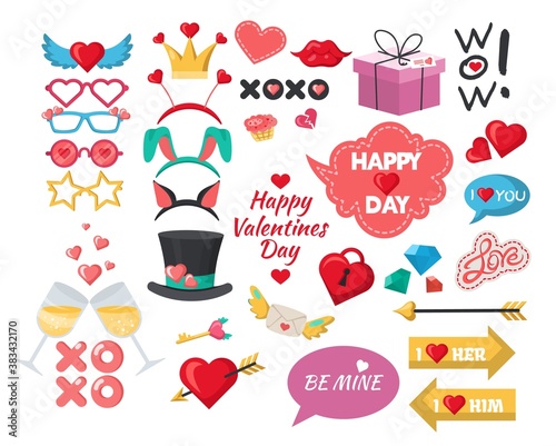 Valentines Day photo booth props, party decoration set, flat vector isolated illustration. Happy Valentines Day celebration accessories. Hearts, gifts, lips, crown, glasses, head hoops, speech bubbles