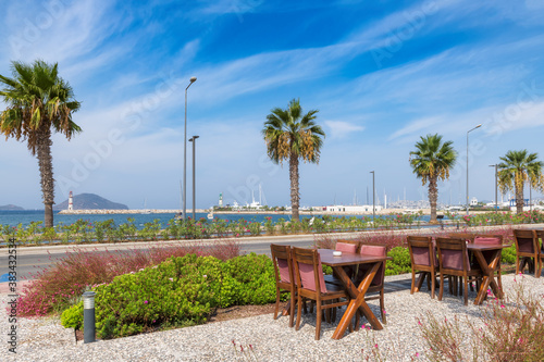 Fototapeta Naklejka Na Ścianę i Meble -  Beach restaurant with sea view in Turgutreis, Bodrum, Turkey.