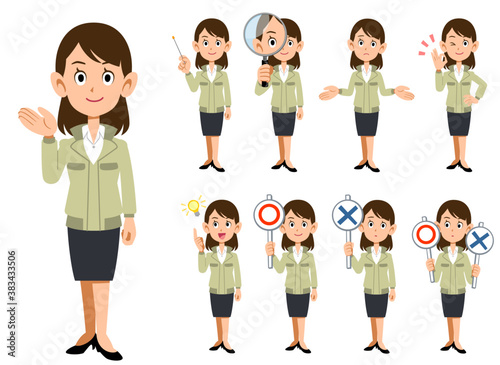 作業着を羽織った事務職の女性　9種類の表情と仕草
