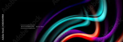 Dynamic motion abstract background. Color blurred stripes on black. Wave liquid lines poster. Vector illustration