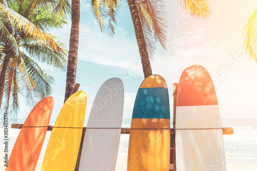Canvas Print Surfboard and palm tree on beach background.