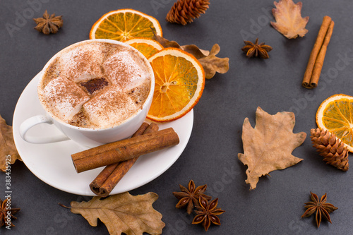 Cup of coffee with marshmallows and cocoa, leaves, dried oranges, cinnamon and star anise, gray stone background. Tasty hot autumn drink. Copy space.