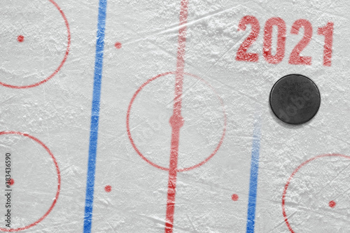 Puck and fragment of the hockey arena with markings