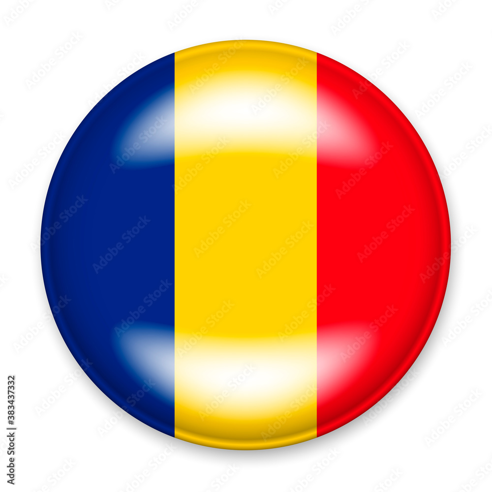 Fototapeta premium Flag of Romania in the form of a round button with a light glare and a shadow. The symbol of Independence Day, a souvenir, a button for switching the language on the site, an icon.