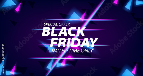 Black friday sale banner template with glowing neon lamp for night and trendy