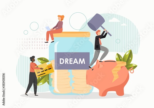 Giant glass jar, piggy bank with gold coins, tiny people collecting money to fulfill the dream, flat vector illustration