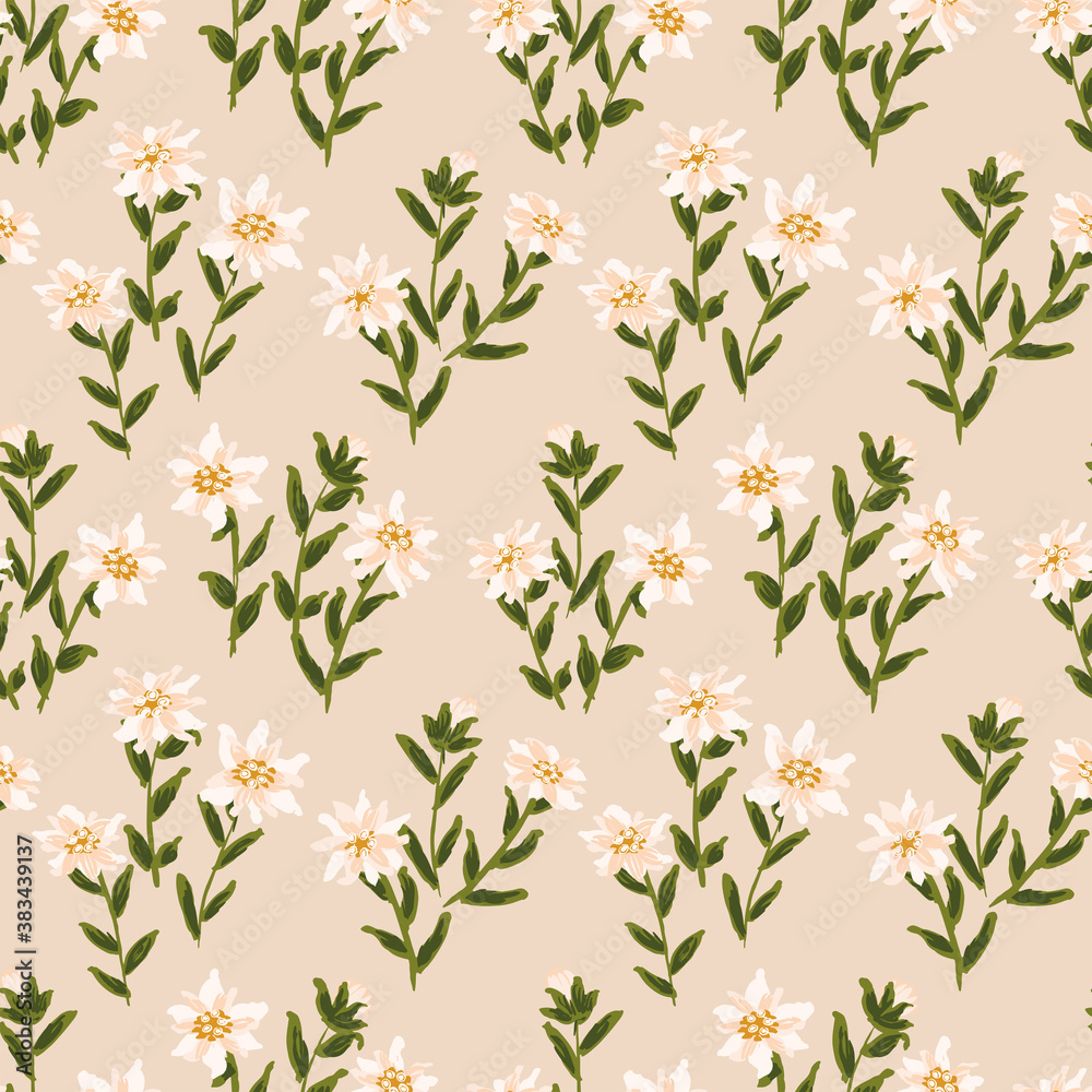 Naklejka premium Soft creamy edelweiss seamless vector pattern. Flowers with buds planted in a garden. Floral repeat in pale pinks, white and yellow. Great for home décor, fabric, wallpaper, stationery, design project