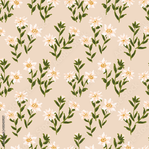 Soft creamy edelweiss seamless vector pattern. Flowers with buds planted in a garden. Floral repeat in pale pinks, white and yellow. Great for home décor, fabric, wallpaper, stationery, design project