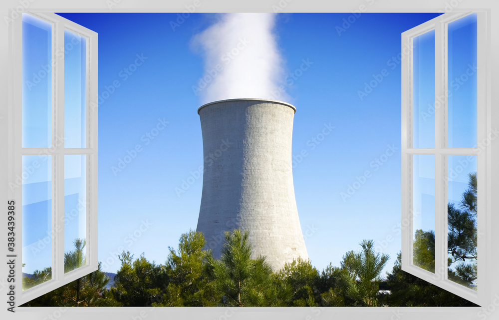 Geothermal power station in Tuscany hills with the concrete cooling towers (Italy) - concept image