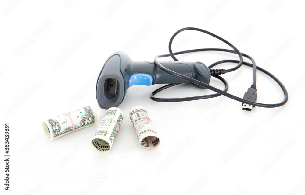 Scanning gun and dollar bills on white background Scanning gun and dollar bills on white background