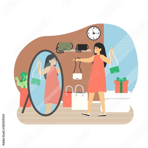 Young woman in red dress choosing modern handbag in fashion boutique, flat vector illustration.