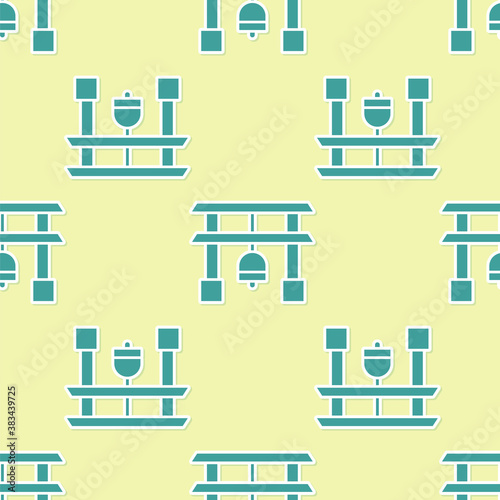 Green Japan Gate icon isolated seamless pattern on yellow background. Torii gate sign. Japanese traditional classic gate symbol. Vector Illustration.