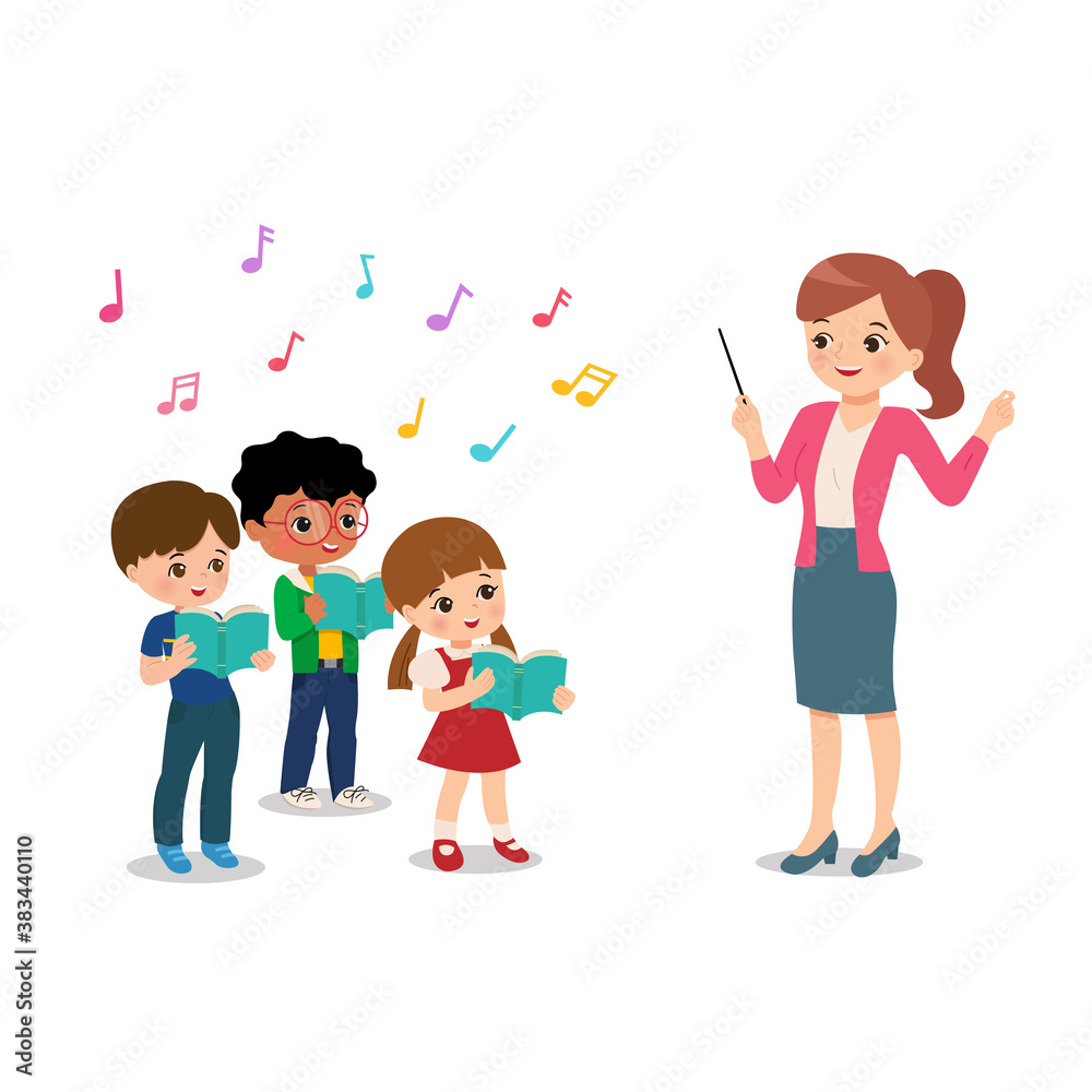 Female teacher conduct student choir for event at school. Musical extracurricular. Singing clip art. Happy boy and girl sing. Cartoon flat style vector isolated on white background. Female teacher conduct student choir for event at school. Musical extracurricular. Singing clip art. Happy boy and girl sing. Cartoon flat style vector isolated on white background.