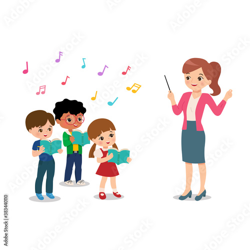 Female teacher conduct student choir for event at school. Musical extracurricular. Singing clip art. Happy boy and girl sing. Cartoon flat style vector isolated on white background. 