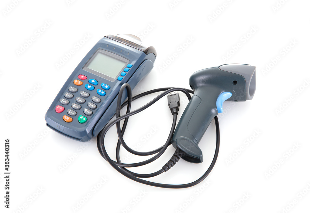 Collection tool POS machine and code scanner on white background Collection tool POS machine and code scanner on white background