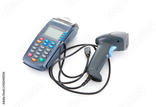 Collection tool POS machine and code scanner on white background