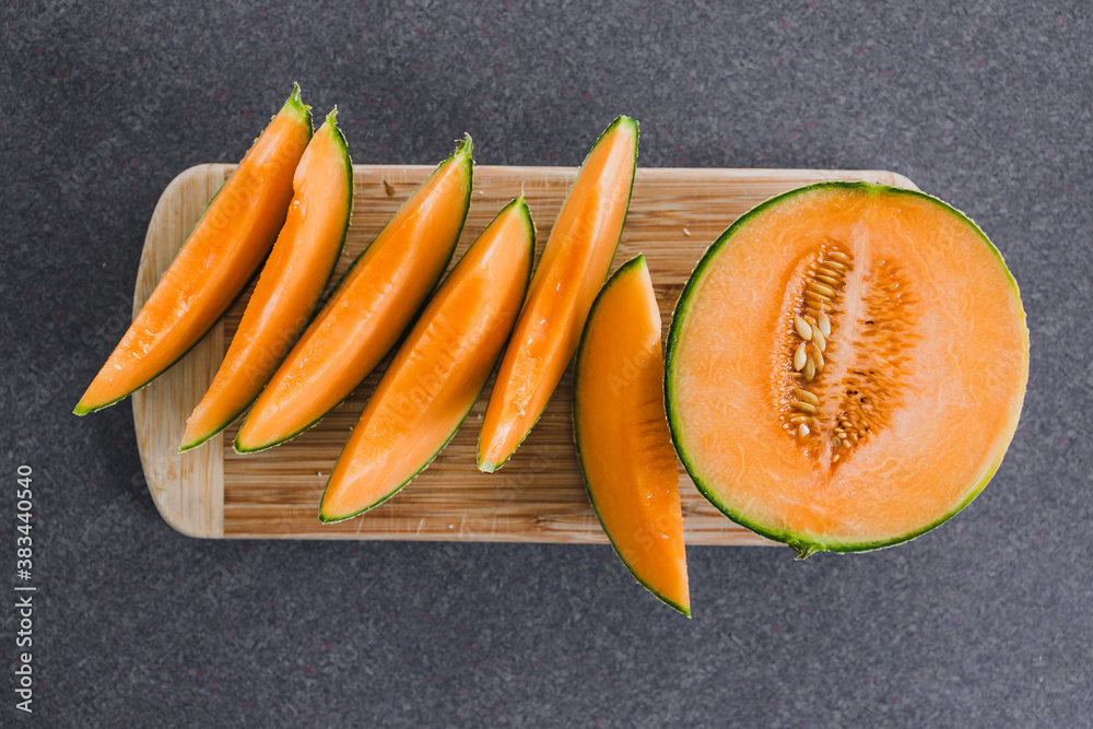 simple food ingredients, close-up of rockmelon on cutting board