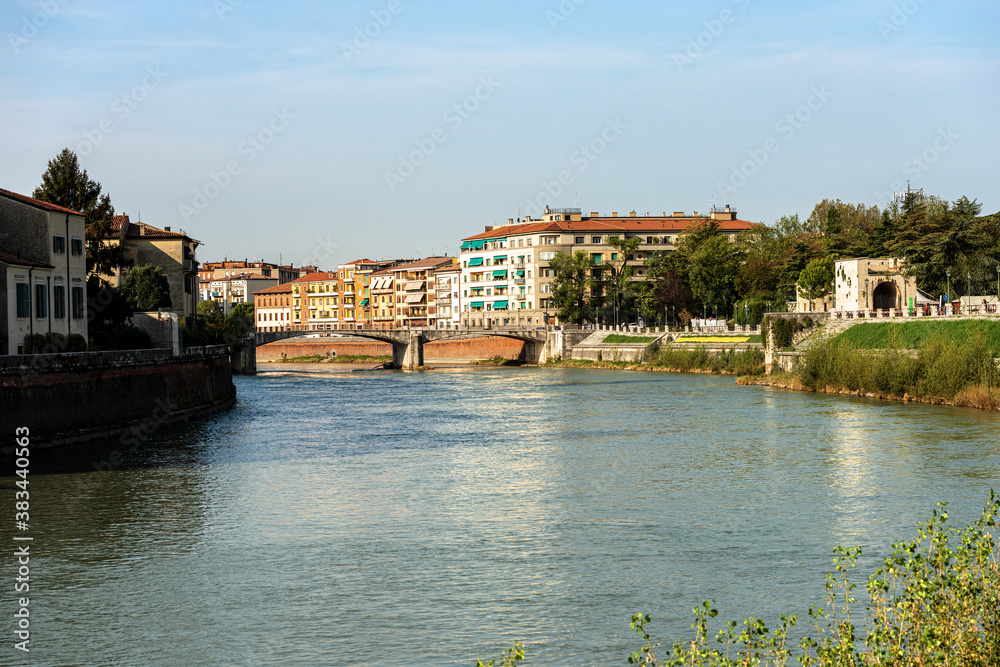 River Adige in Verona downtown with the Ponte Giuseppe Garibaldi (Bridge, 1864), UNESCO world heritage site. Veneto, Italy, Europe