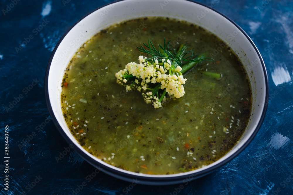 plant-based food,  vegan cauliflower leaves leek and potato soup