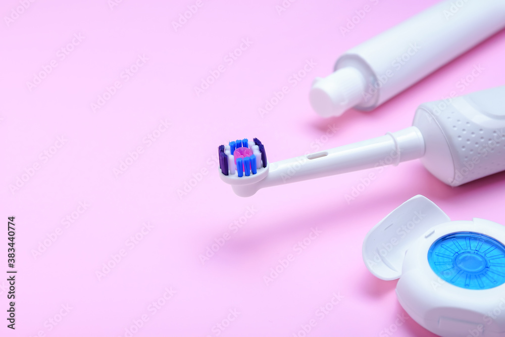 Naklejka premium Set for oral hygiene on color background