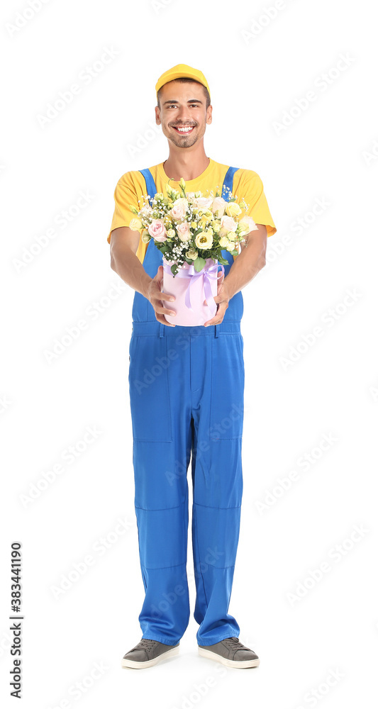 Delivery man with bouquet of flowers on white background Delivery man with bouquet of flowers on white background
