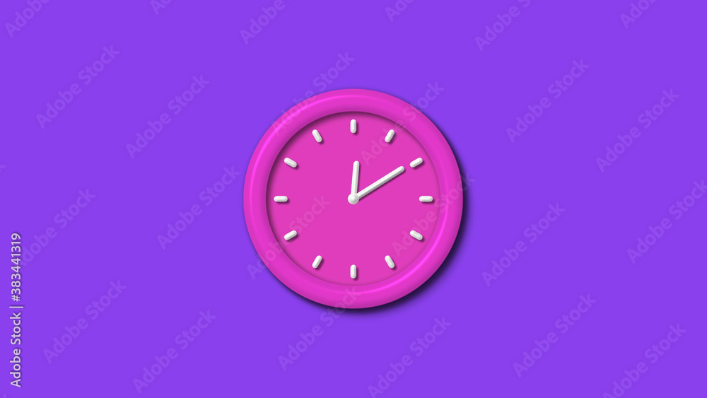 New pink color 3d wall clock isolated on purple background,counting down 3d wall clock