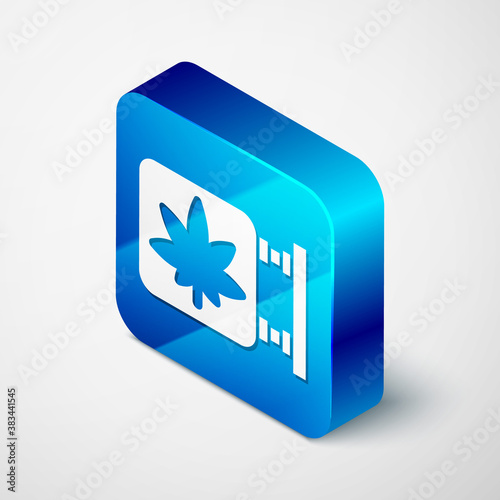 Isometric Marijuana and cannabis store icon isolated on grey background. Equipment and accessories for smoking, storing medical cannabis. Blue square button. Vector Illustration.