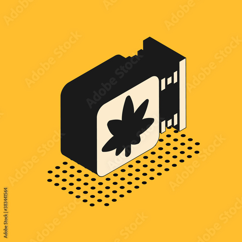 Isometric Marijuana and cannabis store icon isolated on yellow background. Equipment and accessories for smoking, storing medical cannabis. Vector Illustration.