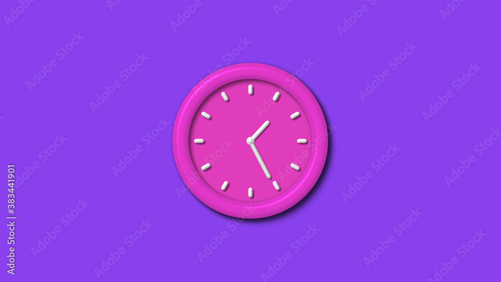 New pink color 3d wall clock isolated on purple background,counting down 3d wall clock