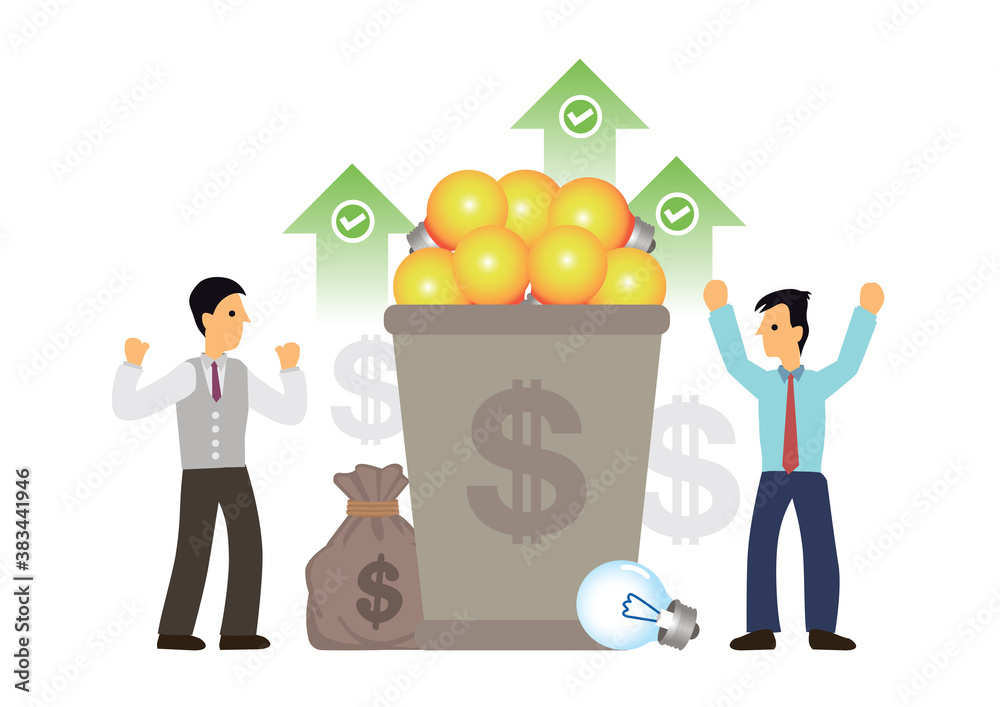 Businessmen with a basket of big yellow light bulbs. Businessmen with a basket of big yellow light bulbs.
