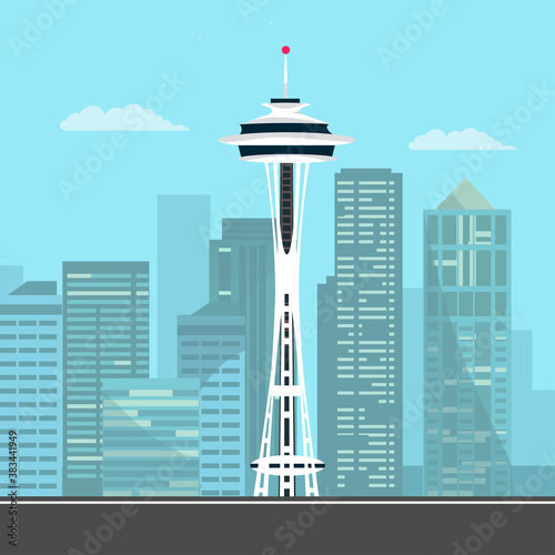 Seattle city skyline. Vector city of space needle the iconic tower of seattle