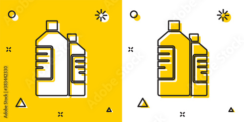 Black Plastic bottles for laundry detergent, bleach, dishwashing liquid or another cleaning agent icon isolated on yellow and white background. Random dynamic shapes. Vector Illustration.