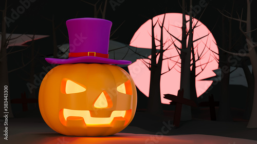3D rendering illustration. Halloween pumpkin head jack at the old graveyard in spooky night and the big full moon on background.