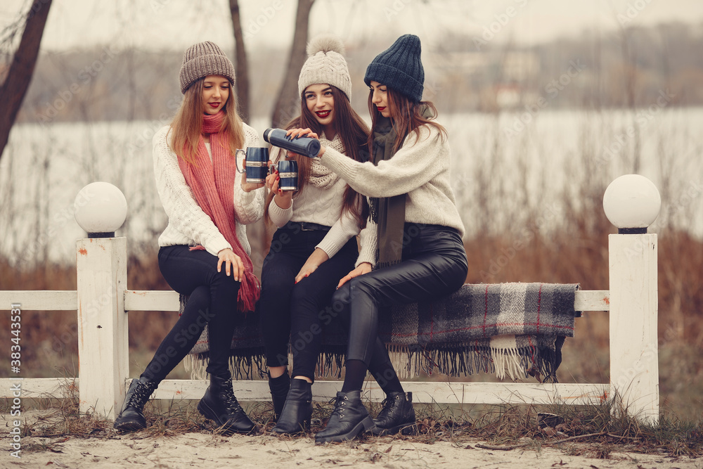 Friends in a winter park. Girls in a knited hats. Women with thermos and tea.