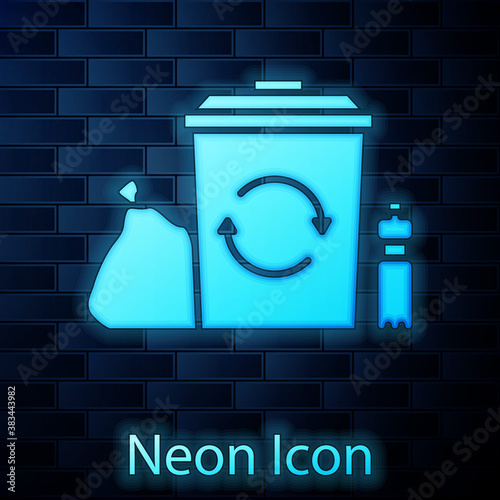 Glowing neon Recycle bin with recycle symbol icon isolated on brick wall background. Trash can icon. Garbage bin sign. Recycle basket. Vector Illustration.