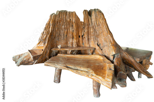 Root furniture on isolate white texture background with copy space and clipping path. Table chairs are made from stumps, roots, wood, and stumps that are processed. Most of them are Takian wood, Padau photo